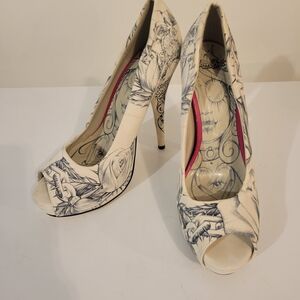 Iron Fist Cream and Black Graphic Peep-Toe Heels